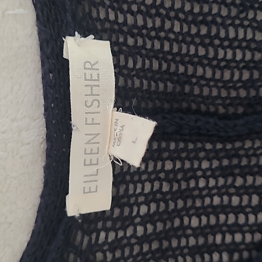 Eileen Fisher Linen Open Knit Sweater Tunic Top Navy Blue Large Minimalist Boho - Picture 5 of 13